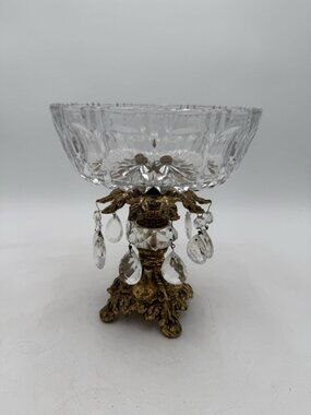 Vintage Cut Crystal Compote Bowl Ornate Gold Tone Footed Base Pedestal Gilt